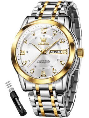 Olevs Men's Silver Gold Diamond Wrist Quartz Stainless Luminous Luxury Watch